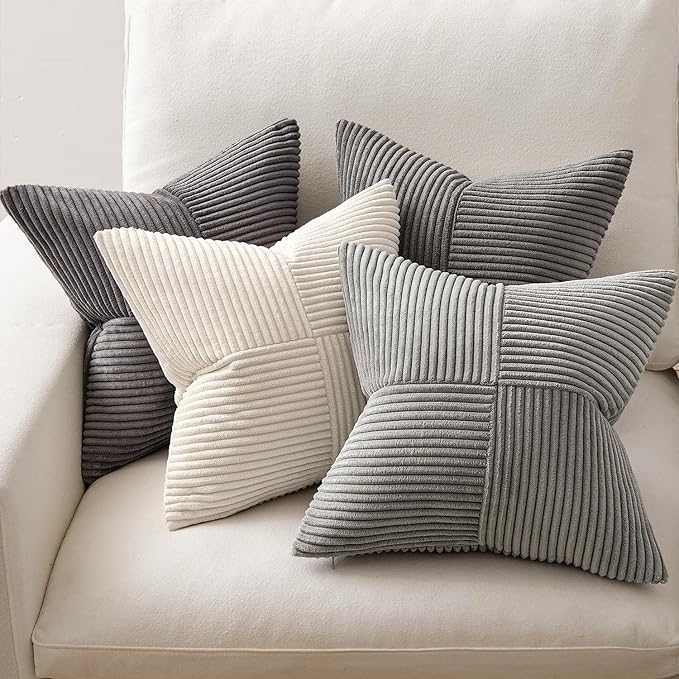 MIULEE Neutral Grey Decorative Throw Pillow Covers 16x16 Inch Set of 4 Modern Farmhouse Corduroy Cushion Cases Striped Patchwork Pillow Cases for Couch Sofa Bedroom Home Decor