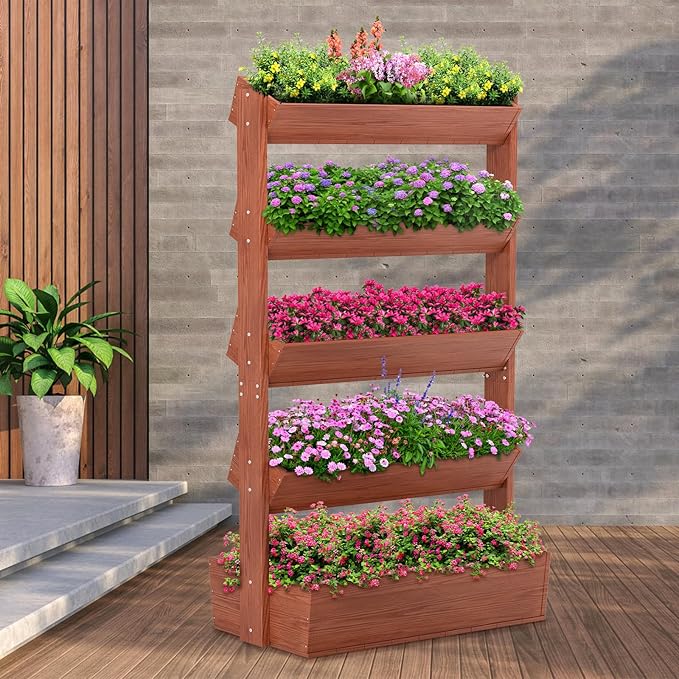 DoCred Vertical Wooden Raised Garden Bed, 5 Tier Garden Planters Freestanding Wood Plant Stand Flower Rack Wooden Planter Box for Plants Herbs Flowers Vegetables Outdoor Indoor Gardening