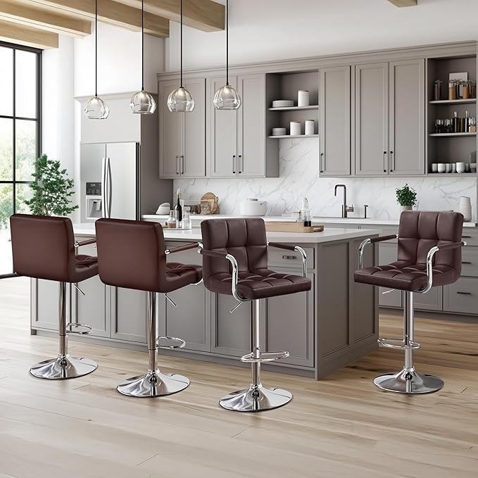 Yaheetech Bart Stools Set of 4, PU Leather Adjustable Barstools with Armrest, Counter Height Stool Chairs with Thickened Seat Cushion for Kitchen Island, Brown