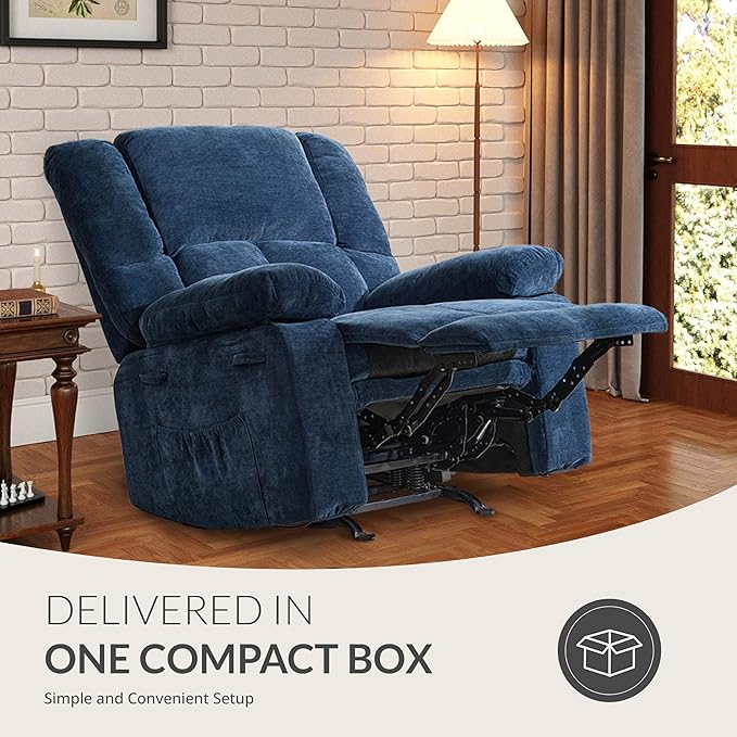 Velvet Rocker Recliner for Adults, Overstuffed Manual Recliner Chair with Spring Cushion, Rocking Chair with Side Pockets, Nursery Glider Recliner Single Sofa for Living Room (Medium, Blue)