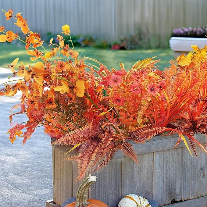 GTIDEA 19 Bundles Outdoors Artificial Fall Flowers Fake Fall Plants for Outdoor Fall Decor UV Resistant Faux Mum Plants Plastic Flowers Bushes for Outside Planter Porch Window Box Patio Home Decor