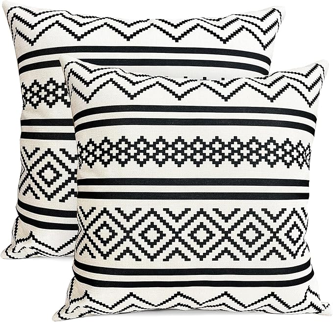 Decorative Throw Pillow Covers Set of 2 Black Boho Pillow Covers 16x16 Inch Throw Pillow Cover Linen Pillowcase Modern Boho Farmhouse Outdoor Pillow Covers for Couch Sofa Bed Living Room
