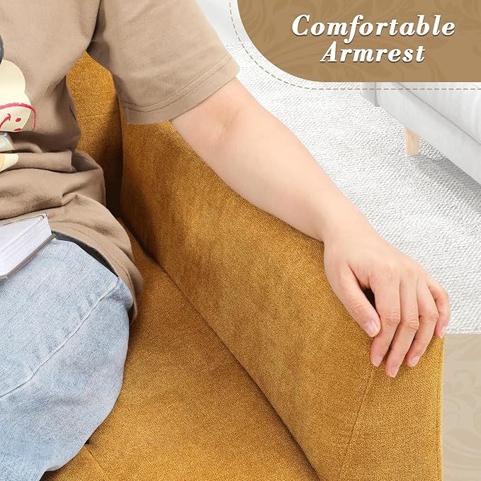 Athena Collection Wingback Accent Chair for Living Room, Comfy Linen Fabric Upholstered Reading Chair for Adults, Single Sofa Armchair for Bedroom, Dorm, Balcony, Yellow