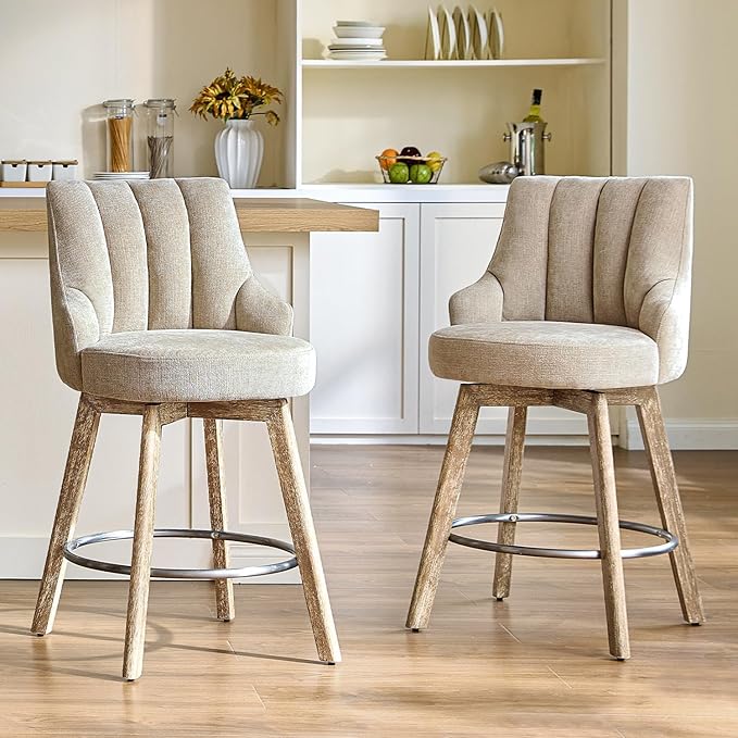 Counter Height Bar Stools,Swivel Bar Stools with Backs,Barstools Set of 4,26'' Solid Wood Legs,Thick Seat Upholstered Linen Fabric Counter Height Stools in Sand