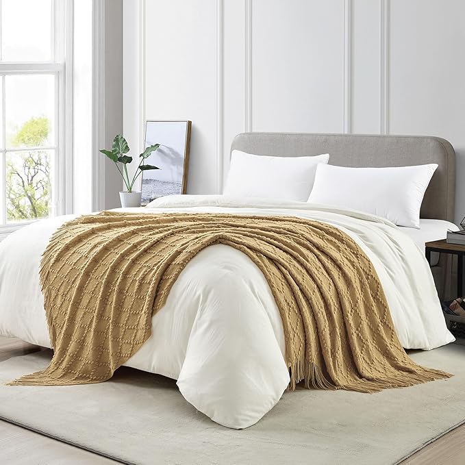 BOURINA Mustard Throw Blanket 50 x70 Inches Jacquard Argyle Throw Textured Solid Soft Throws and Blankets for Sofa or Bed Knitted Decorative Blanket