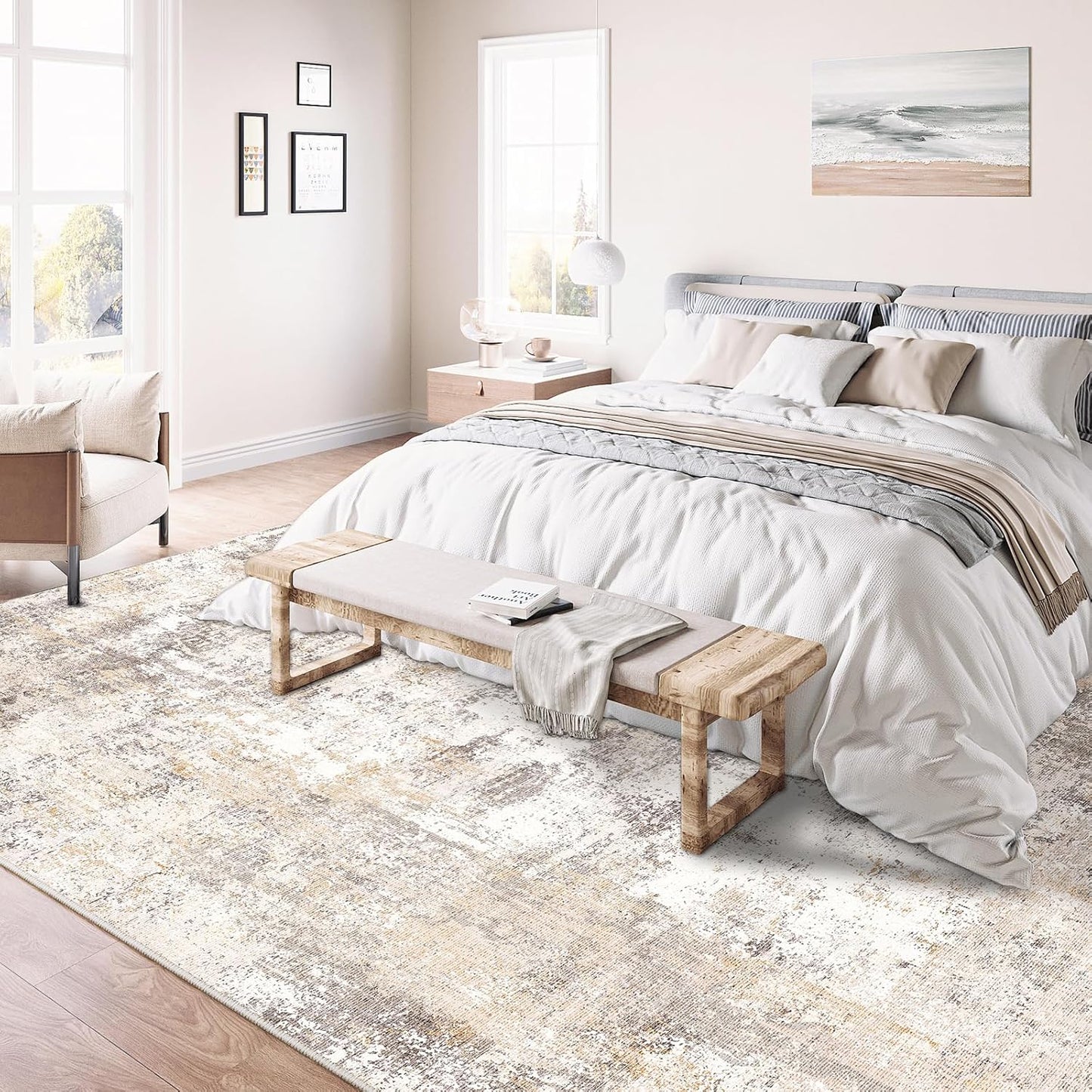 12x15 Washable Area Rug Beige Grey Neutral Abstract Living Room Bedroom Large Throw Rug Non Slip Soft Low Pile Indoor Floor Carpet for Dining Room Kitchen Office Entryway