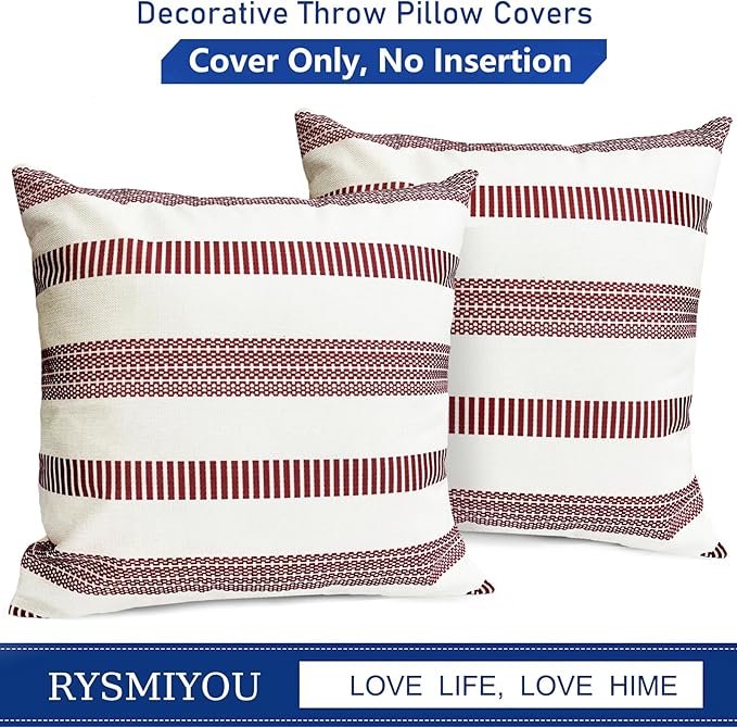 Decorative Throw Pillow Covers Set of 2 Wine Red Boho Striped Pillow Covers 18x18 Inch Throw Pillow Cover Linen Pillowcase Farmhouse Outdoor Pillow Covers for Couch Sofa Bed Living Room