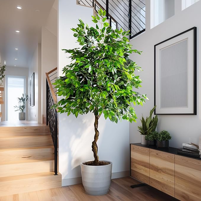 7ft Artificial Ficus Tree for Home Decor, Faux Silk Plants Faux Plant Fake Silk Trees with Pot for Indoor House Living Room Office Garden