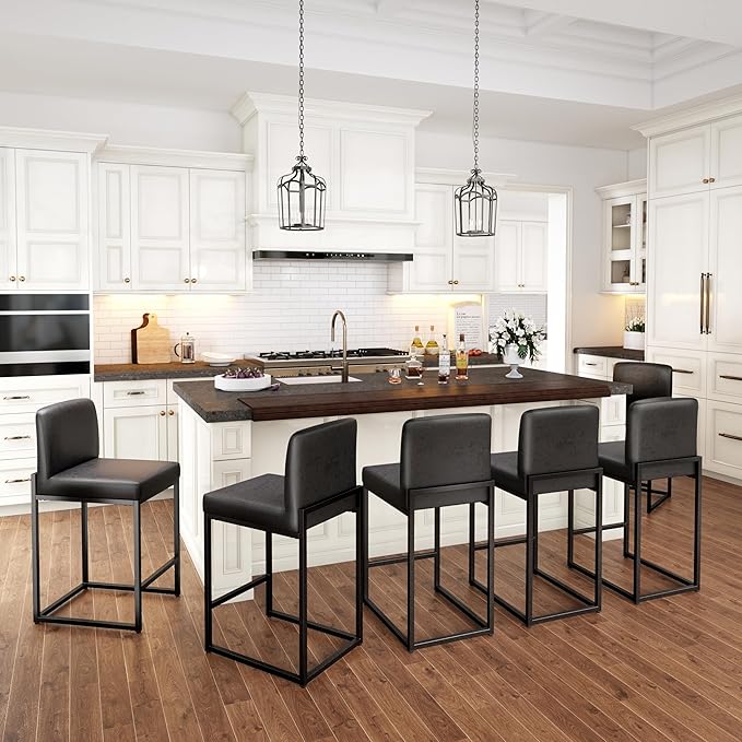 PHI VILLA Black Counter Height Bar Stool, Bar Stools Set of 6 Faux Leather Barstools with Back, 24 inch Kitchen Bar Chairs