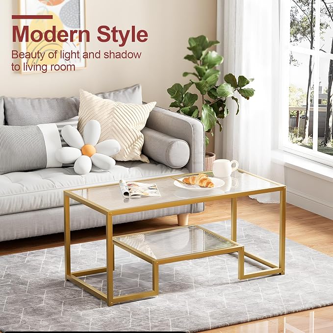 Coffee Table Gold Glass Coffee Table for Living Room,2 Tiers Rectangle Center Table with Ribbed Glass Top and Sturdy Metal Frame,Modern Glass Accent Table for Bedroom Home Office