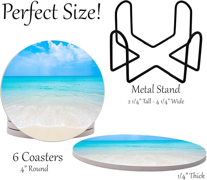 Ocean Coastal Theme Round Coasters Set of 6 - Abosrbent Ceramic Coasters with Metal Stand for Drinks, Beer, Coffee, Non-Slip Cork Back for Tabletop Protection, 4 Inches (Ocean)