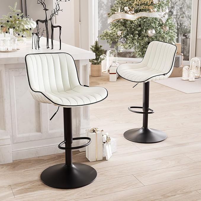 YOUNUOKE Bar Stools Set of 2, Adjustable Swivel Counter Height Chairs with Back, White PU Leather Upholstered Barstools for Kitchen Island Home Bar