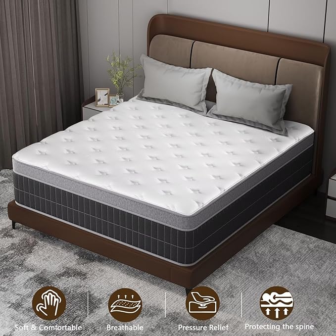 Queen Size Mattress in a Box 14 Inch Memory Foam Hybrid Mattress with Pocketed Springs Medium Firm Support Motion Isolation Edge Support 180 Night Trial
