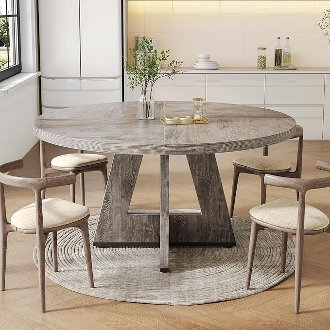 LITTLE TREE Round Dining Table for 4-6 People, 47 Inches Dining Room Table with Wooden Pedestal Base, Grey Dinner Tables, Circle Kitchen Tables for Dining Room, Kitchen, Living Room(Table Only)