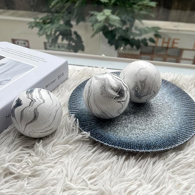 Set of 6 Decorative Orbs for Bowls and Vases - 2.6in Resin White Howlite Round Sphere Balls for Living, Dining Room Coffee Table Centerpiece Home Decor