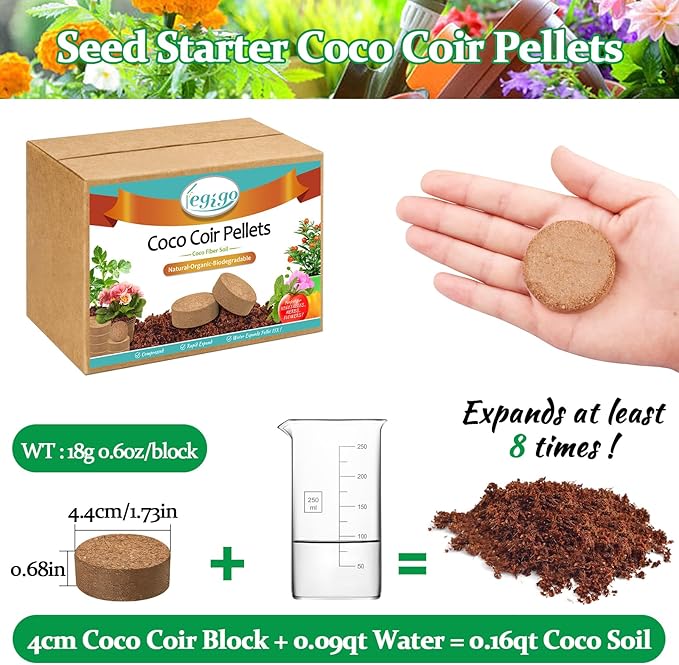 Legigo 50 Pcs 40mm Organic Coco Coir Pellets for Plants- Compressed Coconut Coir Potting Soil, Coco Fiber Pellets Coco Coir Soil for Planting, Garden, Bonsai, Herbs, Flower & Vegetables