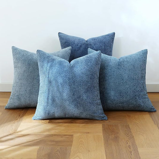 Stellhome Set of 4 Neutral Decorative Throw Pillow Covers Soft Chenille Woven Textured Luxury Accent Cushion Cases for Living Room Couch Bed Sofa Farmhouse Boho Home, 18x18 inch, Neutral Blue