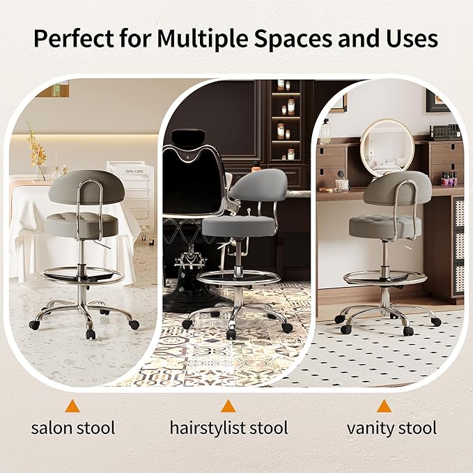 Tattoo Chair for Artist (Ergonomic Backrest and Footrest) (Quiet Wheels and Aluminum Base) Swivel Shop Stool (Gray)