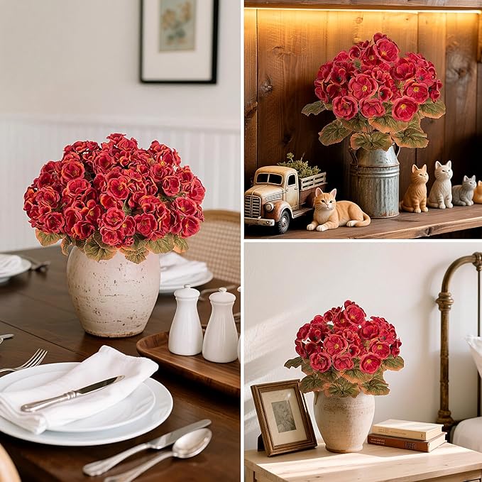 Fake Fall Flowers Artificial for Outdoors Decoration, 6 Bundles Faux Geranium Silk Flower Outside UV Resistant No Fade Artificial Floral for Home Garden Balcony Indoor Table Centerpieces Decor