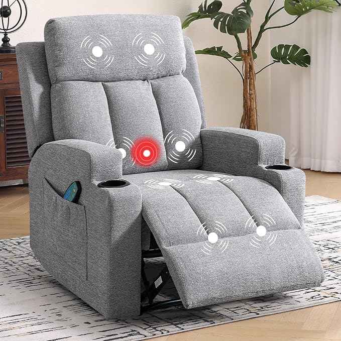 Phoenix Home Manual Recliner Chair Set of 2 with Massage and Heat, Ergonomic Overstuffed Breathable Fabric Recliner Single Sofa Seat with 2 Cup Holders, Living Room Lounge Recliners on Clearance, Gray