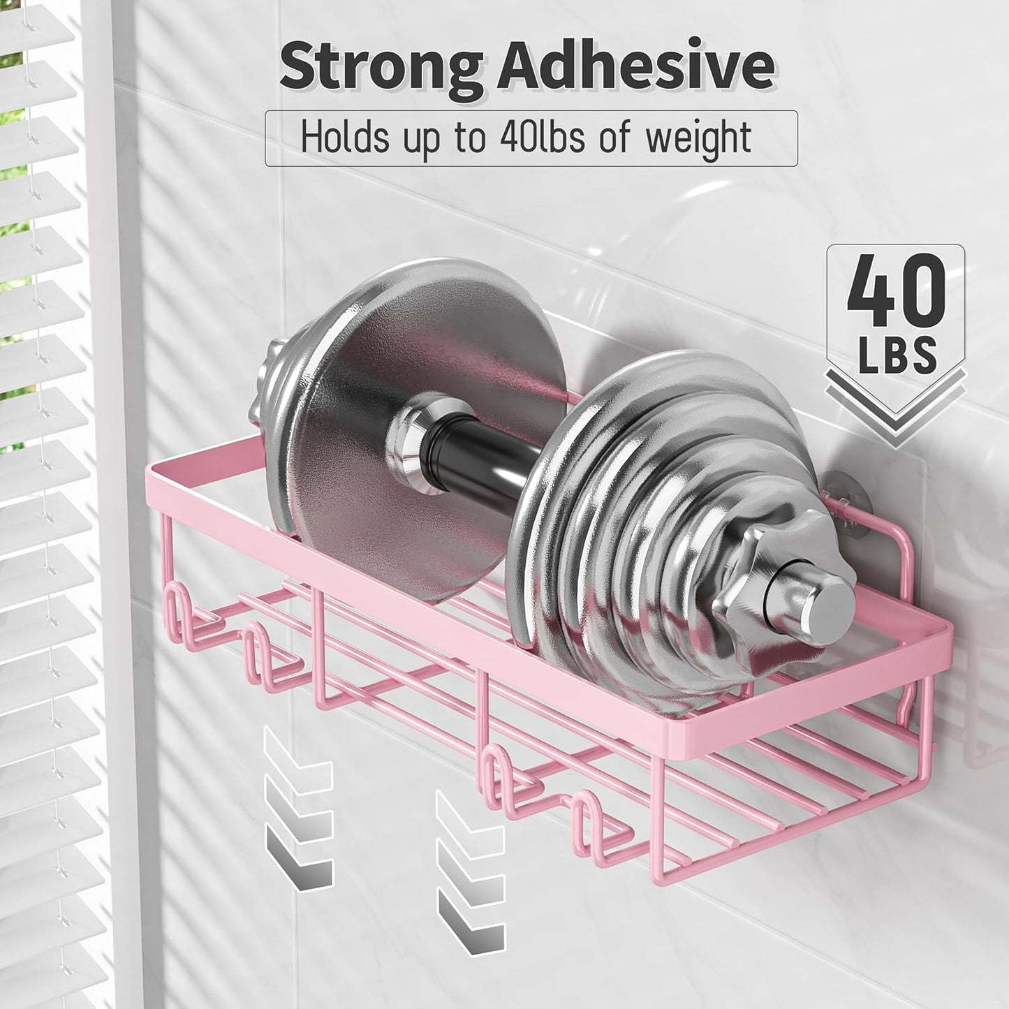 5 Pack Shower Caddy Organizer Rack Shelf for Inside Shower, Adhesive Bathroom Wall Storage Basket Rustproof Stainless Steel Shampoo Holder, Girly Bathroom Accessory Decor Set, Pink