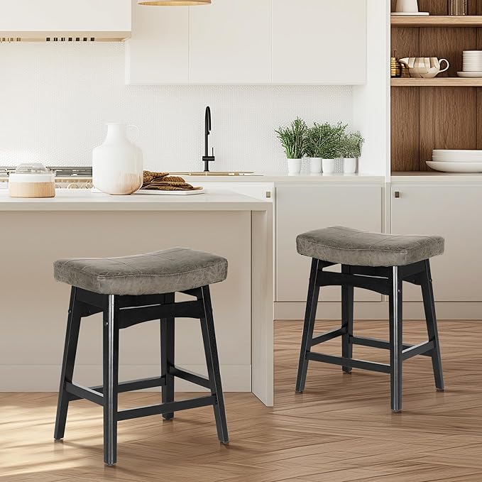 PHI VILLA Counter Height Bar Stools Set of 2 - Farmhouse Barstools with Upholstered Saddle Seat and Solid Wood Legs, Kitchen Counter Island Stools