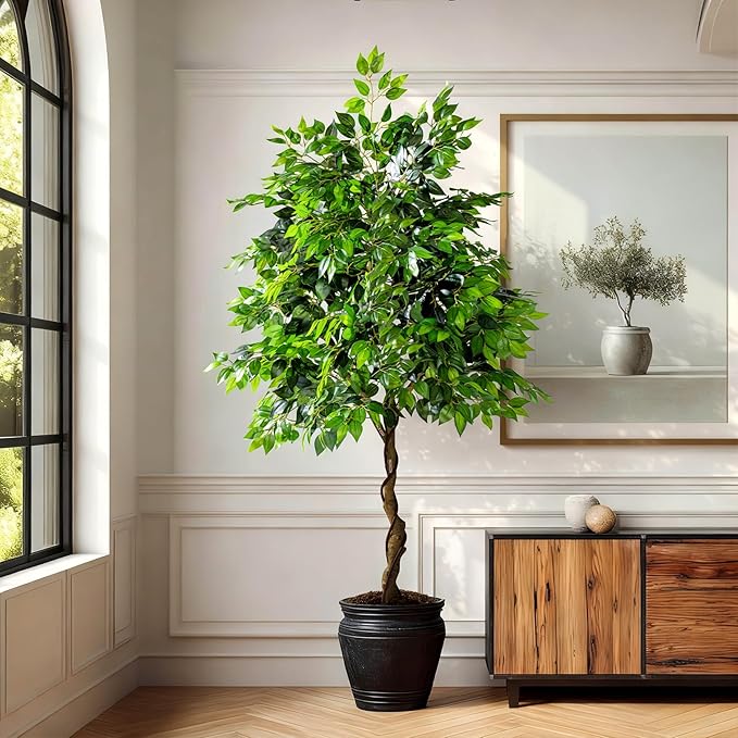 7ft Artificial Ficus Tree for Home Decor, Faux Silk Plants Faux Plant Fake Silk Trees with Pot for Indoor House Living Room Office Garden