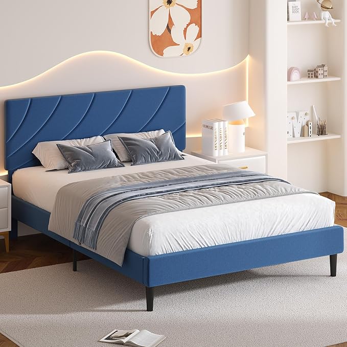 HOMBCK Full Size Bed Frame with Adjustable Headboard, Full Bed Frame with Linen Fabric Upholstered and Wooden Slats Support, No Box Spring Needed, Noise-Free, Easy Assembly, Blue