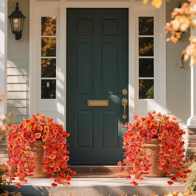 Artificial Fall Flowers for Outdoor, 4 Pcs Faux Pansy Fake Mums Plant Hanging Flowers Outdoor Fall Decor, UV Resistant Silk Flower for Front Door Porch Planter Patio Yard Garden(Orange Autumn Red)