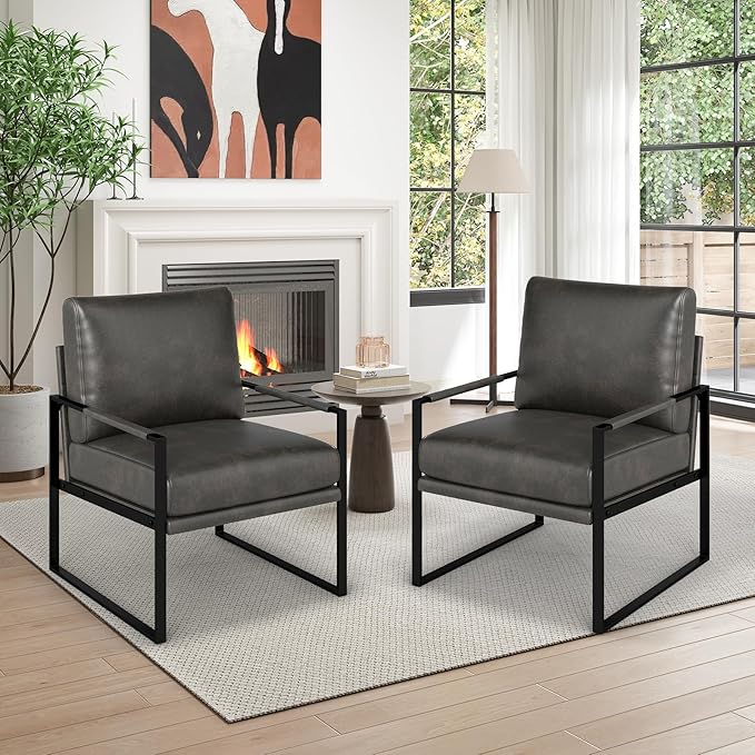 Phoenix Home Mid Century Modern Faux Leather Accent Chair, Metal Framed Armchair with Extra Soft Removable Seat Cushion & Backrest for Living Room Bedroom Waiting Room, Easy to Clean, Gray