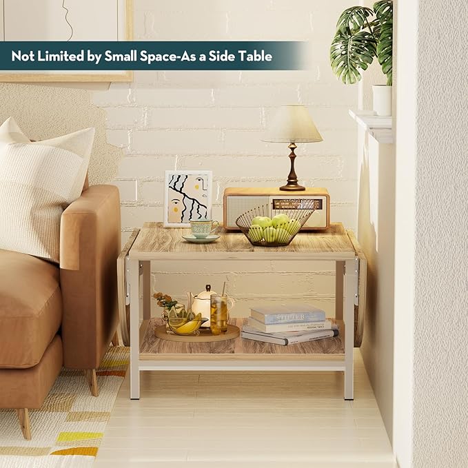 SAYGOER Modern Coffee Table 2-Tier Extended Coffee Tables for Living Room 2-Tier Small Extended Table with Storage White Center Table for Large or Small Spaces, Foldable, Oak