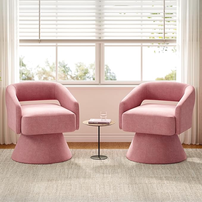LINSY Swivel Barrel Chair, 360° Modern Swivel Accent Chairs with Arms, Boucle Swivel Chair Pink Velvet Chairs for Bedroom Living Room Small Spaces