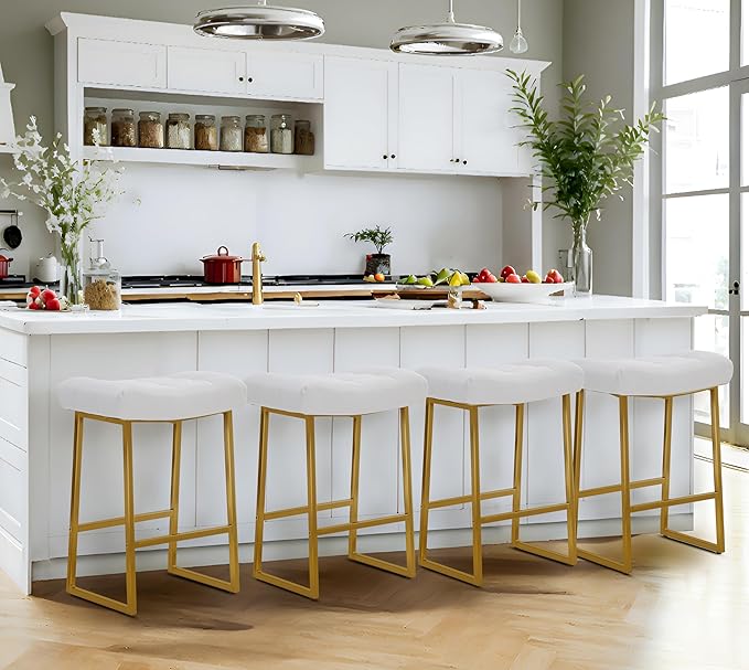 White & Gold Counter Height Bar Stools Set of 6 for Kitchen Counter Modern Backless Barstools with Upholstered Faux Leather Seat and Metal Frame Industrial 24 inch Bar Chairs