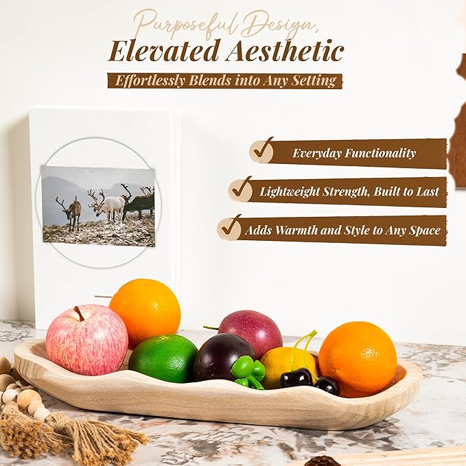 Wavy Edge Wooden Dough Bowl for Decor 16"L Lightweight Paulownia Wood Hand Carved Decorative Wooden Farmhouse Fruit Bowl Handmade, Home Decoration Centerpiece, Table Display Bowl