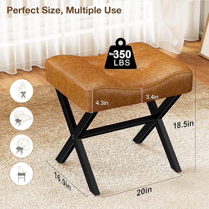 18-Inch Large Leather Vanity Stool, Vanity Chair with Metal X-Leg, Ottoman Accent Stool with Thick Padded Saddle Seat, Brown