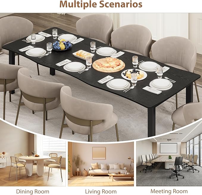 78.7”Dining Table with Wave Irregular Edge, 15mm Thick MDF Top & Metal Frame, for Kitchen, Quick Assembly, Wooden Kitchen Table for 6-8, Waterproof Scratch-Resistant, Modern Black