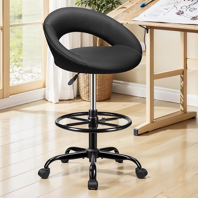 Office Drafting Chair - Bar Stools with Back Support, Adjustable Foot Rest and Wheels, Shop Rolling Swivel Chair for Standing Desk Counter Kitchen Salon Home Vanity, Black