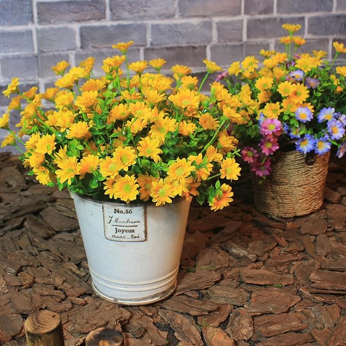 alyptus Artificial Flowers for Outdoors 16 Bundles UV Resistant Plants Yellow Faux Sile Daisy Fake Plastic Eucalyptus for Home Planters Porch Patio Yard Decor (16 Bundles NO.Y)