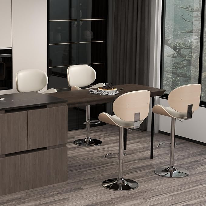 KCC Bar Stools, Swivel Adjustable Height Barstools, PU Leather Upholstered Bar Chairs with Footrest, Bentwood Bar Stool for Kitchen, Bar, Dining Room(Grey PU)