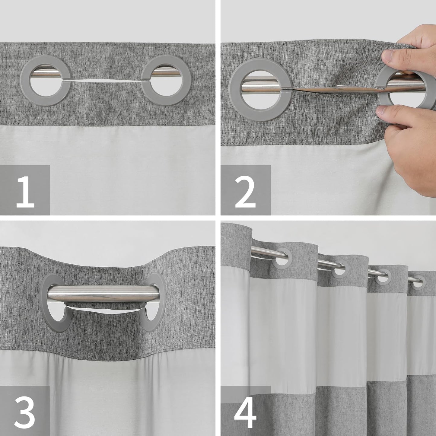 No Hooks Needed Linen Textured Shower Curtain with Snap-in Fabric Liner Set,Hotel Luxury Decor Shower Curtains for Bathroom with See Through Top Window,Waterproof & Washable,71Wx74H,Gray