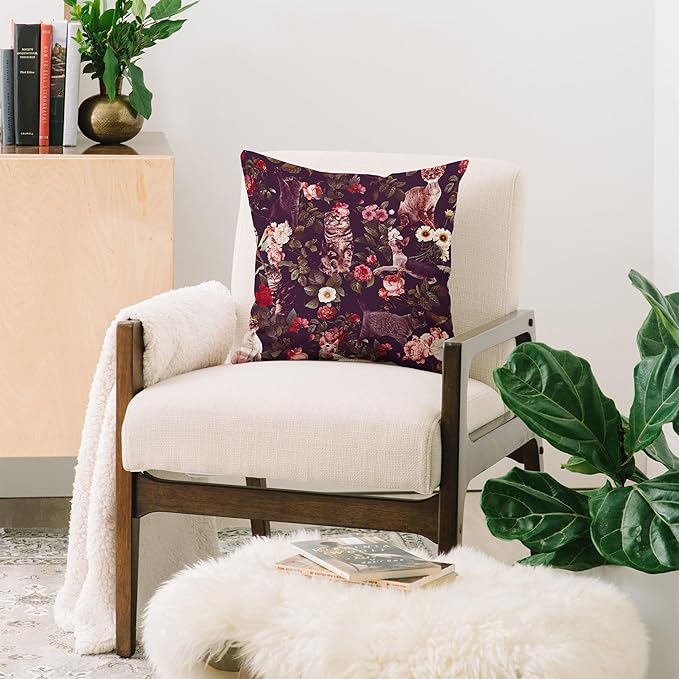 Society6 Cat and Floral Pattern Throw Pillow Insert-Home Decor by Burcu Korkmazyurek, 16" x 16"