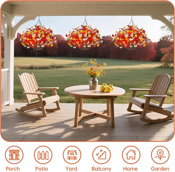 Artificial Fall Flowers with Hanging Baskets Outdoors, Faux mums for Outdoor planters, Fake Mums Petunia Artificial Hanging Plants UV Resistant for Autumn Porch Garden Home Yard Decor (Deep Autumn)