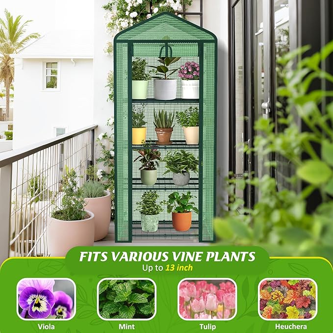 4-Tier Mini Greenhouse Indoor Outdoor with Shelves, Portable Small Green House for Plants with Durable PE Cover & Zipper Door for Seed Starting, Balcony, Patio Garden