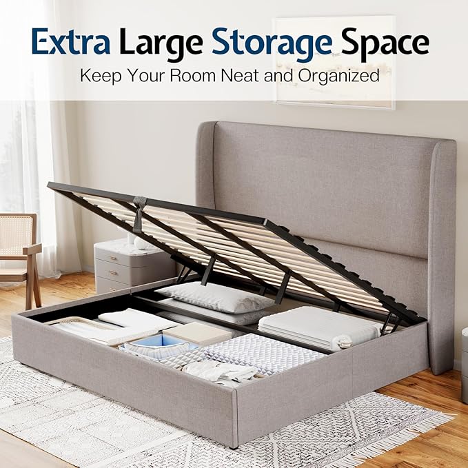 Jocisland Lift Up Storage Bed King Size Linen Upholstered Platform Bed Frame/Hydraulic Storage/Modern Wingback Headboard/No Box Spring Needed/Wood Slats Support/Light Grey