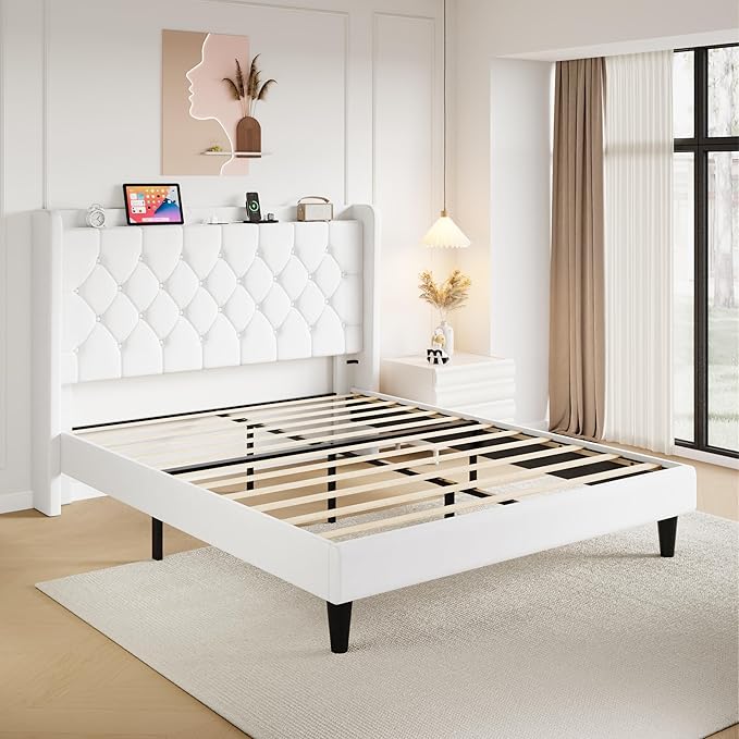 SHA CERLIN Full Size Platform Bed Frame with Charging Station, Velvet Wingback Headboard with Storage Shelf, Wooden Slats Support, Ample Under-Bed Space, No Box Spring Needed, Easy Assembly, White