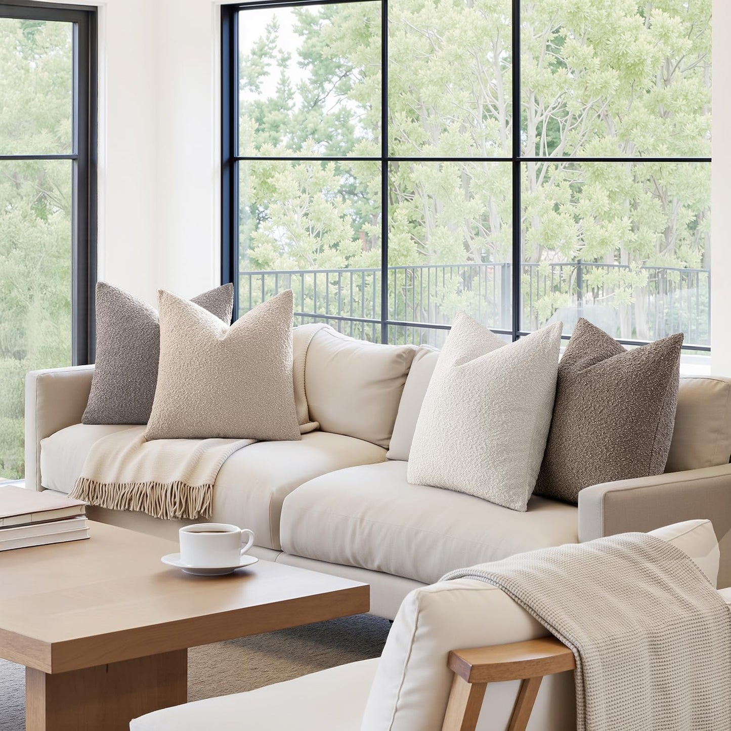 MIULEE Pack of 4 Decorative Textured Boucle Throw Pillow Covers 18x18 Inch Neutral Accent Solid Pillow Cases Soft Couch Cushion Covers for Modern Farmhouse Boho Chair Sofa Bed Livingroom Home Decor