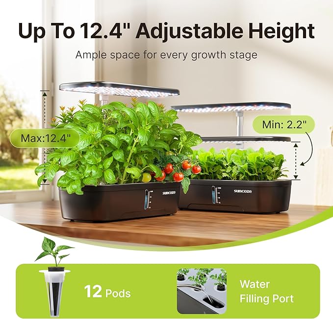 SUNCOZE Hydroponics Growing System Kit 12 Pods, Indoor herb Garden with 20W LED Grow Light, Visible Water Tank with Pump, 2.2"-12.4" Adjustable Height Indoor Gardening System, Gardening Gifts, Black