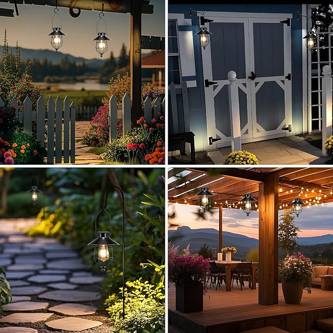 Solar Lanterns Outdoor Hanging Metal Vintage Lantern Warm White Solar Lights lamp Waterproof Edison Bulb Design for Pathway Garden Patio Yard Tree Decoration (Black)