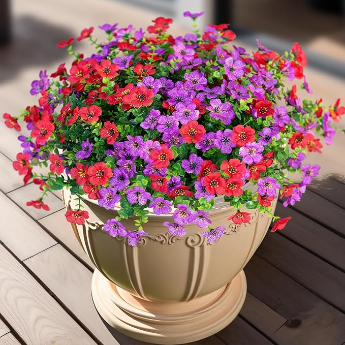 Artificial Fake Plants Flowers for Outdoor Spring Summer Decor, 12 Bundles Faux Silk Daisy for Planter Pot Colorful UV Resistant Look Real for Front Door Porch Patio Outside Yard(Purple Red)