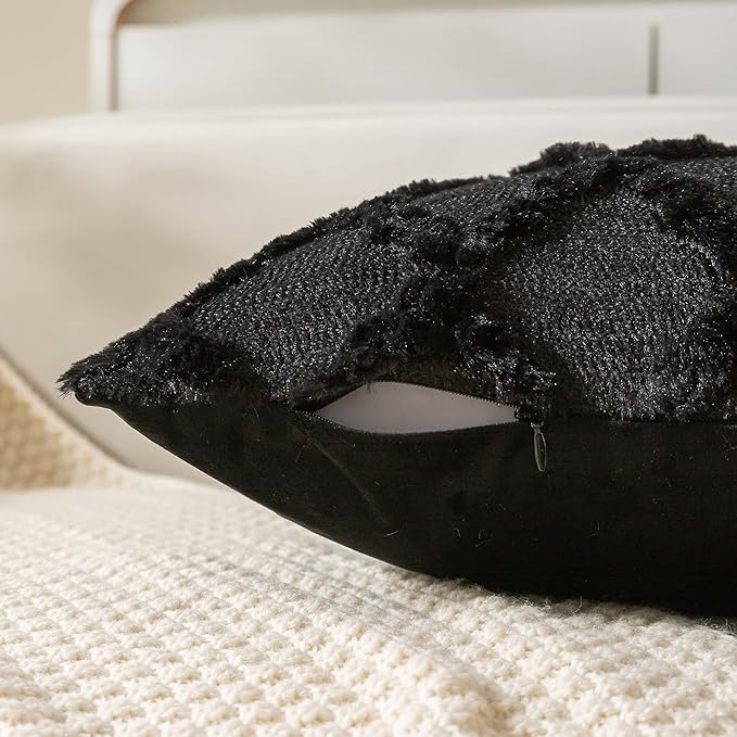 Set of 2 Soft Moroccan Throw Pillow Covers 20x20 Inch Plush Boho Decorative Pillow Cover Accent Cushion Case for Couch Sofa Bed, Black